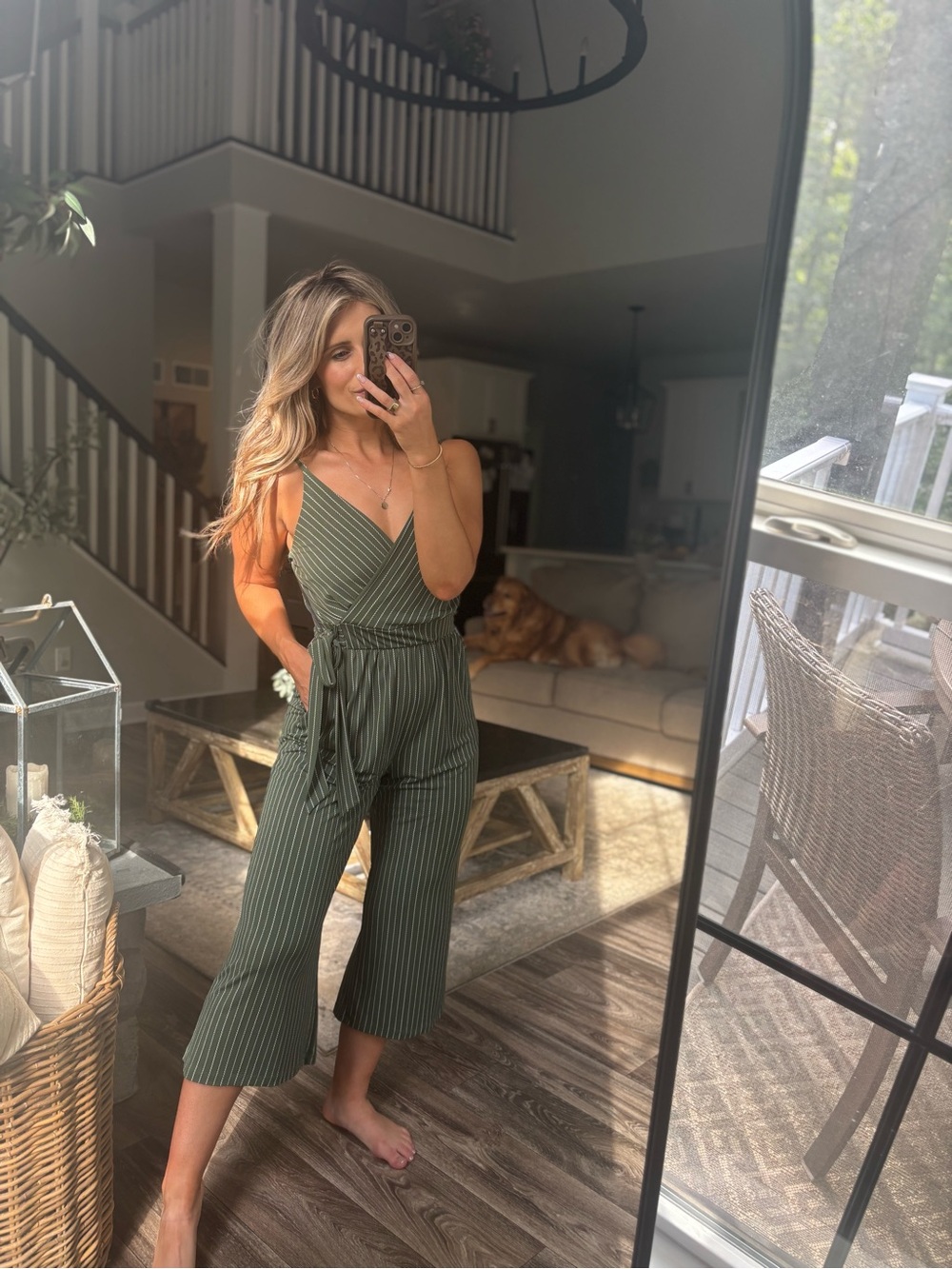 Kaileigh Olive Green Pinstripe Sleeveless Wrap Jumpsuit